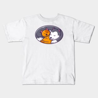 Cute Cat And Dog Sleeping Logo Kids T-Shirt